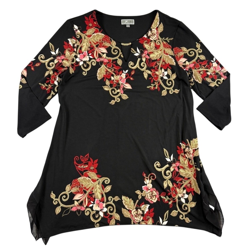 JM Collection Womens Black Floral Sharkbite Tunic Top Gold Studs 3/4 Sleeve L